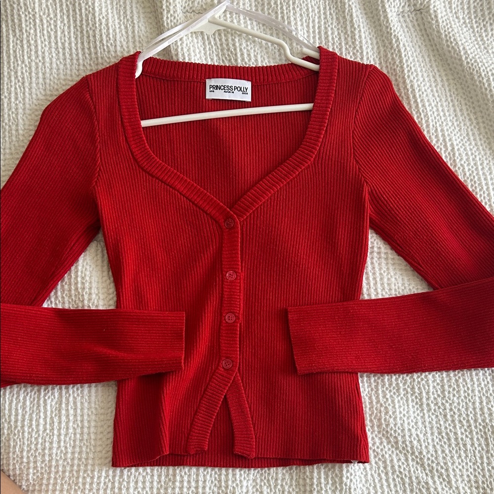 Princess Polly Red Ribbed V-Neck Button Cardigan